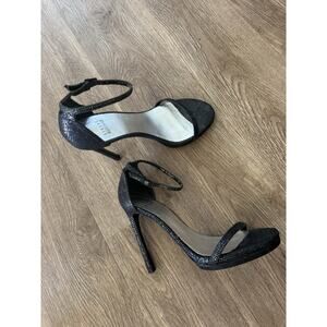 Stuart Weitzman Nudist Black Glitter Strappy Ankle Strap Open Toe Heels